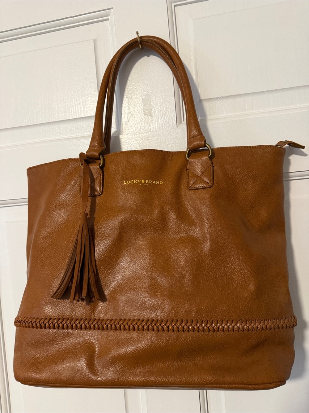 Lucky Brand Tan Leather Tote with Tassel and Braided Trim